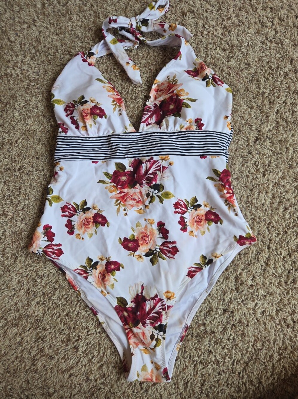 Cupshe White Floral Halter Swimsuit with Burgundy & Peach Roses
